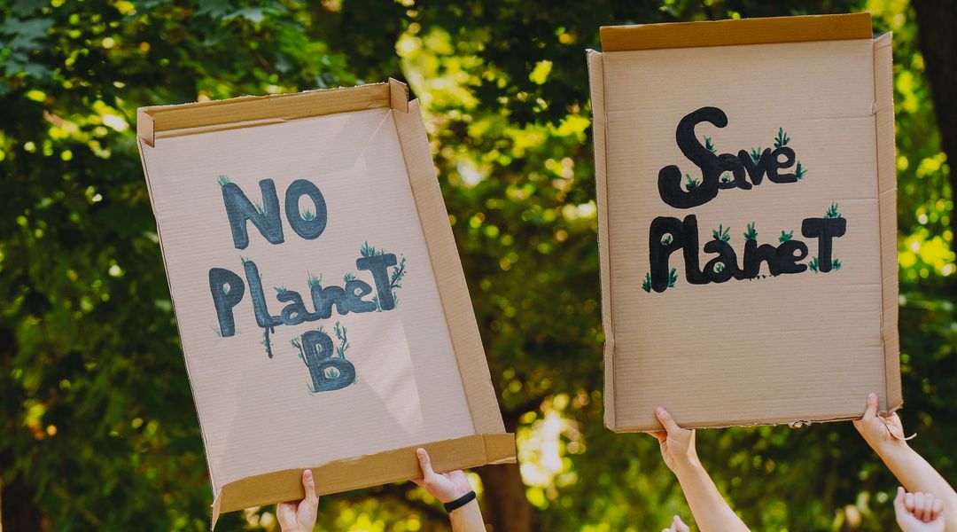 Hände halten Schilder aus Pappe hoch, auf denen steht No Planet B und Save Planet